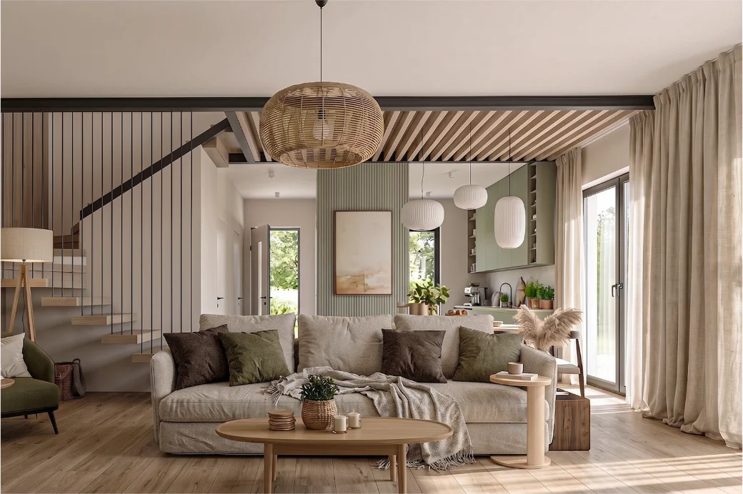LEAF MINT — Sage cabinetry, pale wood and linen make a small apartment feel as though it holds more air than it does.