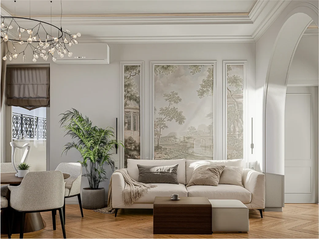 OLYMPUS VIEW — Wall panelling, arched doorways and layered drapery give a new-build apartment the proportions of a much older one.