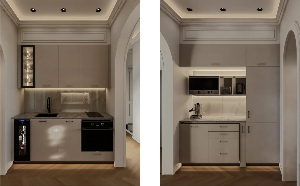 Panelled living room with layered drapery from the Olympus View apartment