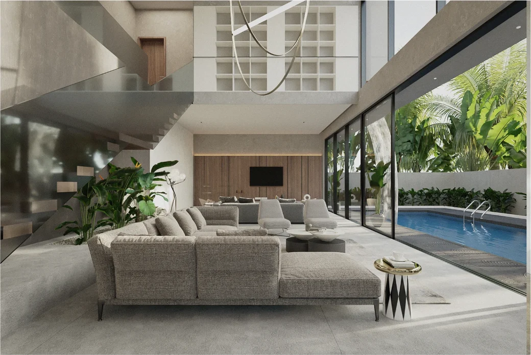 SAPHIR — A hillside villa organised around a single uninterrupted sightline from the entrance hall through the living room to the pool terrace.
